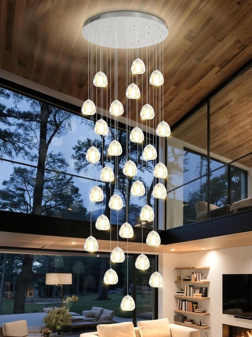 H177 Modern Crystal Chandeliers for Staircase 36-Lights High Ceiling Chandelier Silver Large Chandelier for Foyer Living Room Villa LED Pendant Light Fixture 2700K-6000K
