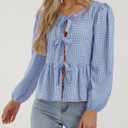 PRETTYGARDEN Women's Spring Fall Babydoll Peplum Blouse Shirt Puff Long Sleeve Bow Tie Front Trendy Cute Y2K Going Out Tops (Blue)