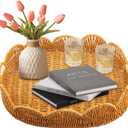 Elliptical Rattan Scalloped Tray, Woven Basket Tray with Bulit-in Handles Scalloped Edges Serving Tray for Coffee Table Living Room Home Decor 14.2" L x 10.9" W x 3.4" H