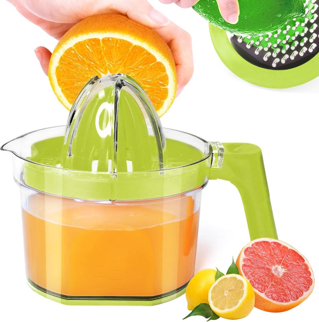 Lemon Squeezer, ChefVille Multifunctional Citrus Hand Juicer, Lemon Lime Squeezer with Detachable Comfortable Grip Handle, 16.9oz Capacity Orange Juicer with Built-in Measuring Cup and Grater (GREEN)