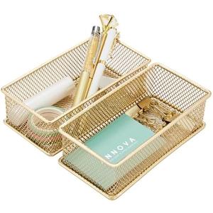Annova Mesh Stackable Drawer Cabinet and Shelf Organizer Bins Storage Basket School Office Supply Holder Tray- Set of 2 (Gold, 3x6x2 Inch)