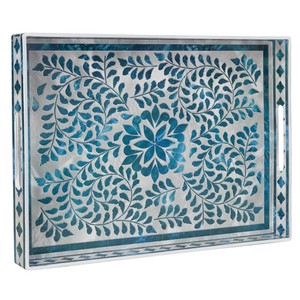 MAONAME Rectangular Decorative Tray, Plastic Serving Tray with Handles, Modern Blue Trays for Ottoman, Coffee Table Trays for Living Room, Home Decor, 15.7" x 11.8" x 1.6"