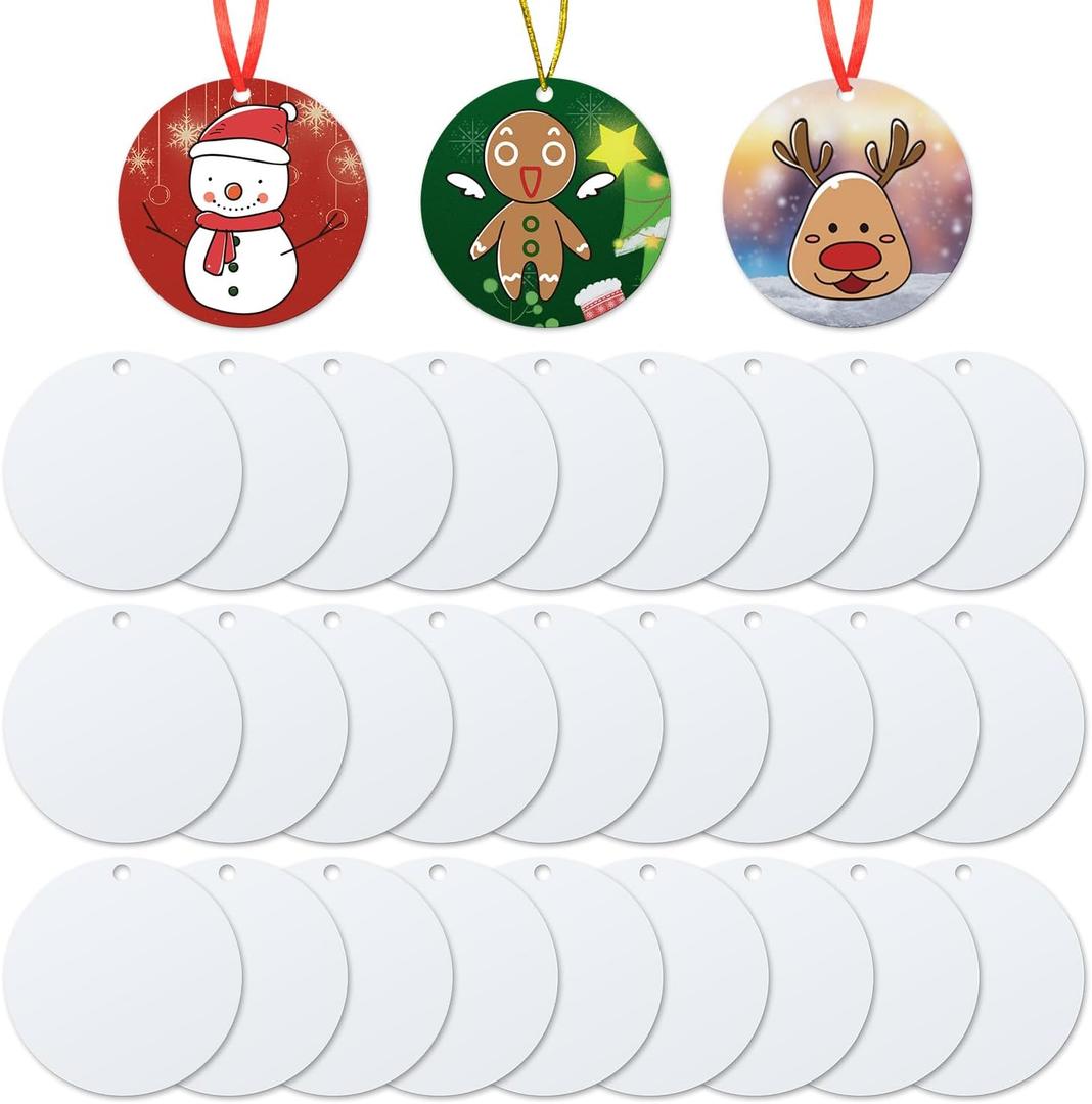 30pcs Sublimation Ornament Blanks, 3 inch Round MDF Personalized Sublimation Blanks Pendants Double Side Christmas Tree Discs Hanging Ornaments DIY Crafts Gift Decoration