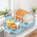 SNTD Dish Drying Rack, Expandable Dish Rack for Kitchen Counter, Stainless Steel Dish Drainer with Drainboard Set and Utensil Holder (Blue)