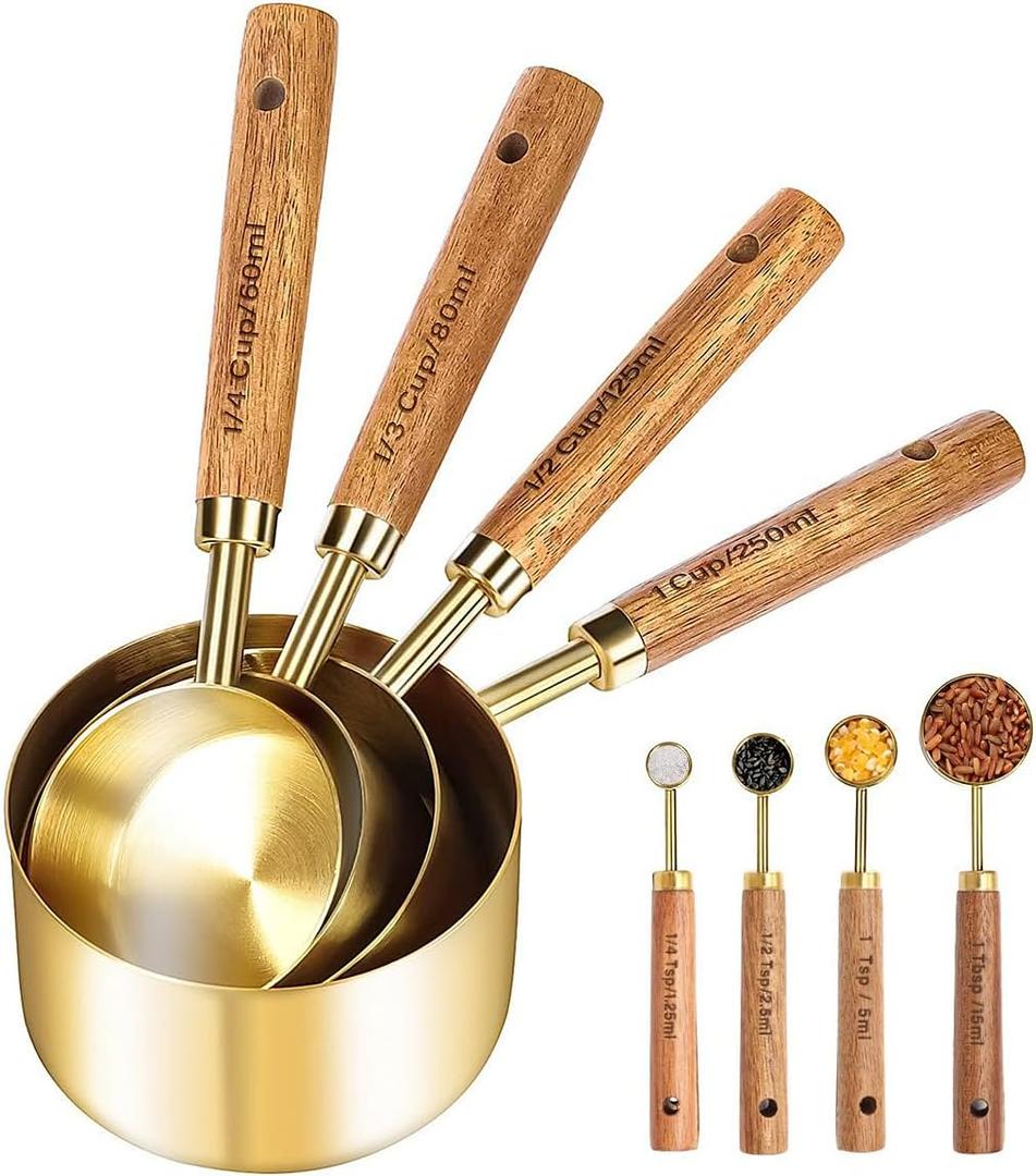 8 Pcs Golden Stainless Steel Measuring Cups and Spoons Set,Wooden Handle Baking Tools with US Measurements,Measuring Cups for Cooking, Baking, Dry & Liquid-Kitchen Baking Supplies