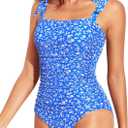 Tempt Me Women Tummy Control One Piece Swimsuits Ruched Slimming Bathing Suits Vintage Swimwear (Large, Blue White Floral)