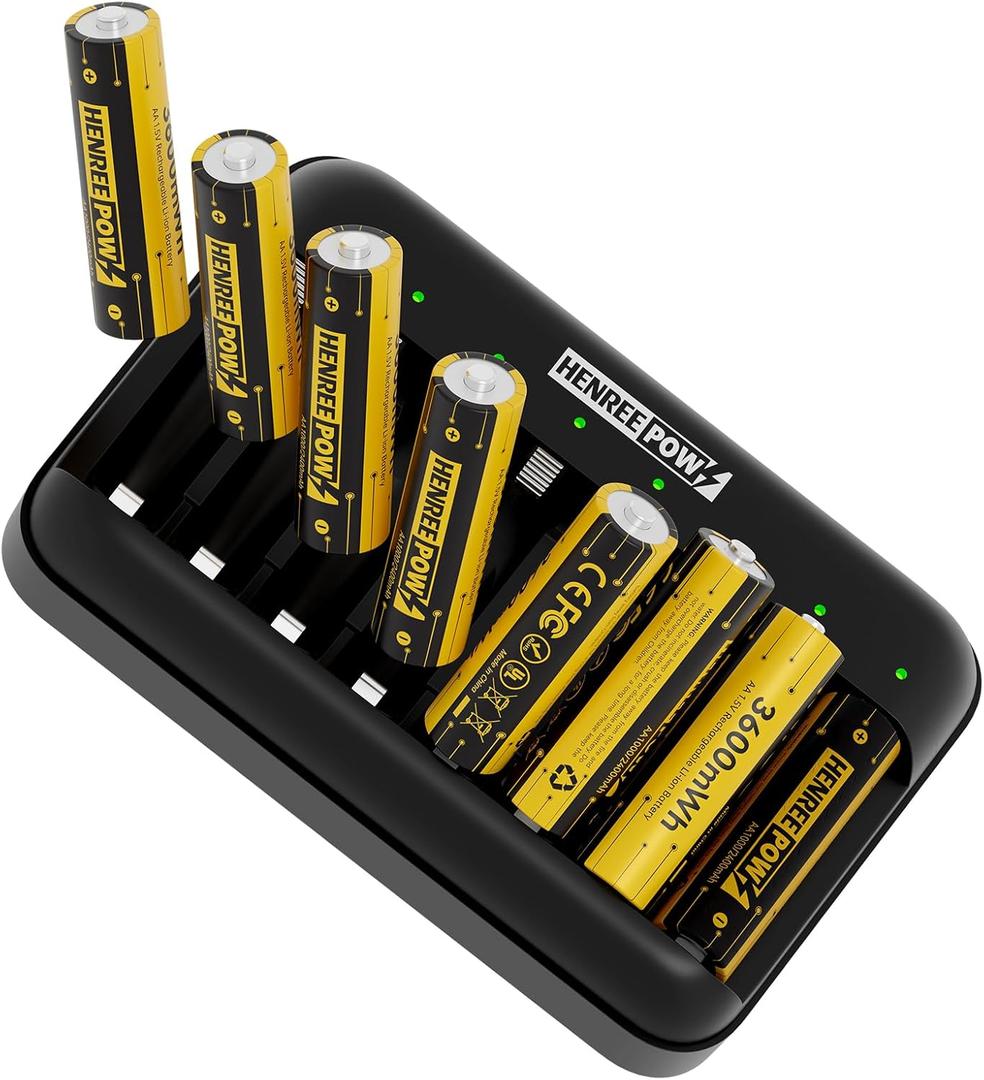 Henreepow Rechargeable Lithium AA Batteries, 8-Pack with Charging Storage Box, 3600mWh 1.5V Constant Output, Long Lasting Rechargeable Li-ion Batteries with Cycle Times up to 1600x