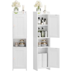 Bathroom Cabinet with 2 Doors, 7.3 x 9.8 x 40.4 Inches, Small Freestanding Storage Cabinet with Adjustable Shelf, Floor Cabinet for Small Spaces, Bathroom, Entrances, Kitchen, White