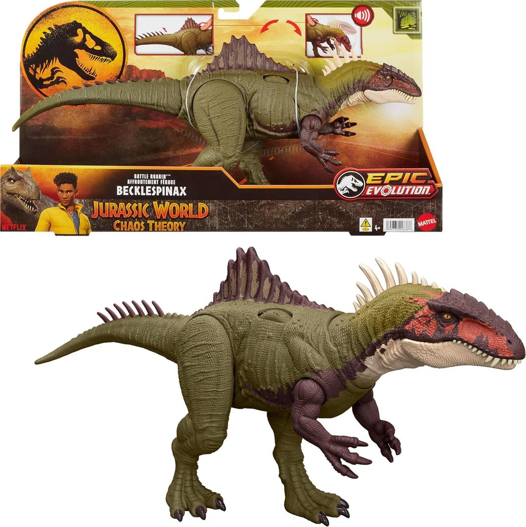 Mattel Jurassic World Chaos Theory Battle Roarin Becklespinax Dinosaur Action Figure Toy, Rampage Head Strike, Chomp, Roars & Snarls, Extending Spikes Mattel Jurassic World Chaos Theory Battle Roarin Becklespinax Dinosaur Action Figure Toy, Rampage Head Strike, Chomp, Roars & Snarls, Extending Spikes