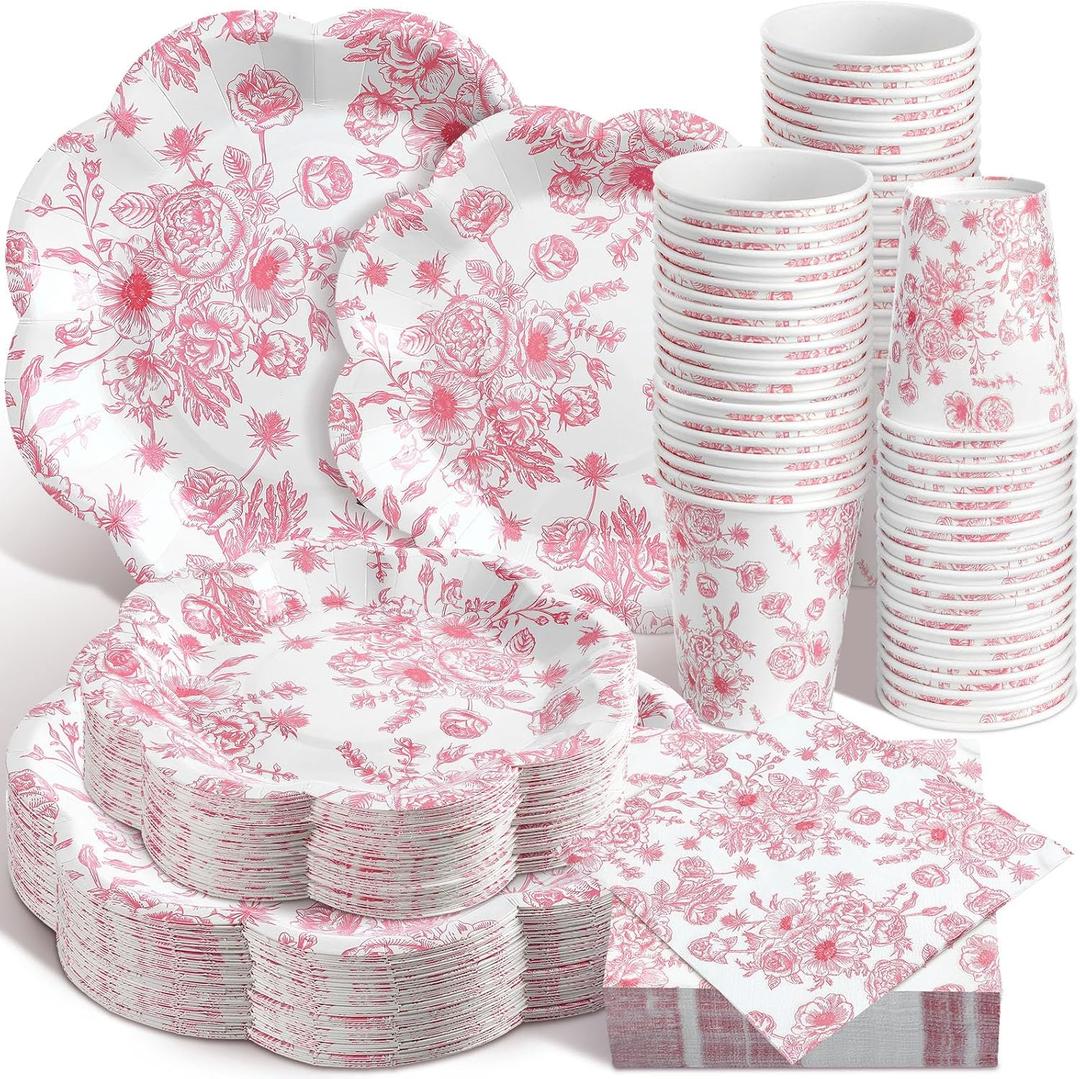 250 Pcs Pink Floral Disposable Plates and Napkins Pink and White Floral Tableware Set for 50 Guests Disposable Paper Plates Napkins Cups for Wedding Bridal Shower Party Supplies