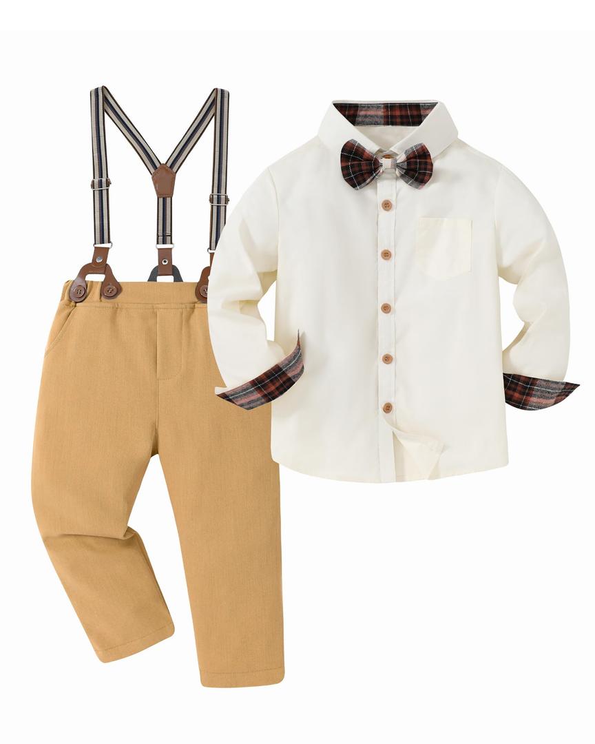 DISAUR Boy Formal Suits Wedding Outfit Long Sleeve Button Down Dress Shirt Bow Tie Suspender Pants Gentleman for 7-8 Years