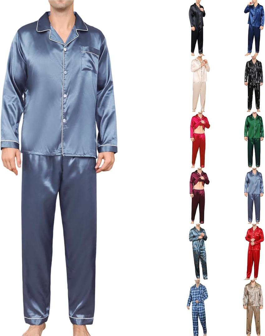 Men's Silky Satin Pajama Sets Mens Sleepwear Big and Tall Pajamas for Men Loungewear Summer Pjs Lounge Set M-5XL (Gray, M)