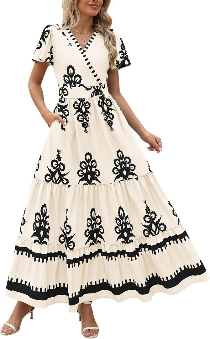 PRETTYGARDEN Womens 2025 Summer Casual V Neck Boho Maxi Dress Flowy Aline Bell Sleeve Tiered Floral Dresses with Pocket (Medium, Floral Apricot Black)