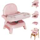 Booster Seat for Kitchen Chair, 3-in-1 Foldable & Portable Booster Seat with Tray, Extra Dishwasher-Safe Tray, Safety Straps for 618M (Up to 30 lbs), for Dining Table, Travel & Camping, Pink