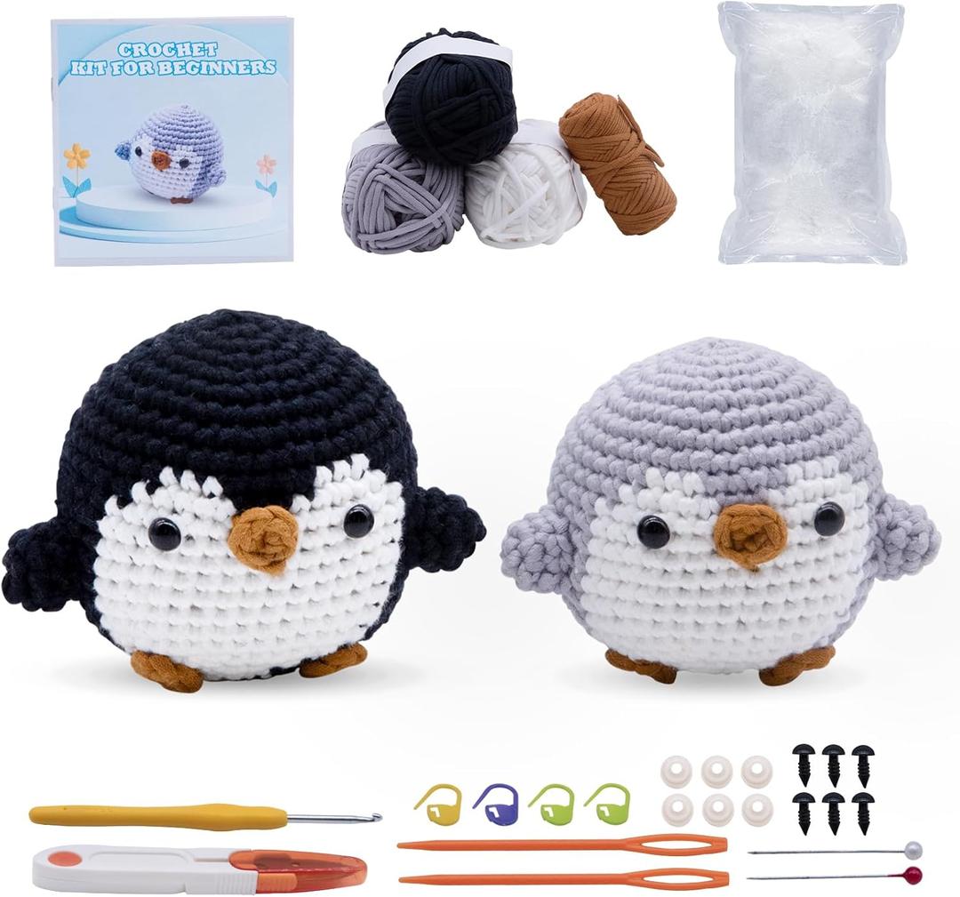 EOKPHULL Crochet Kit for Beginners, Easy Crochet Animal Set Knitting Kit for Adults with Step-by-Step Video Tutorials and Paper Instructions (Black and Grey Penguin)