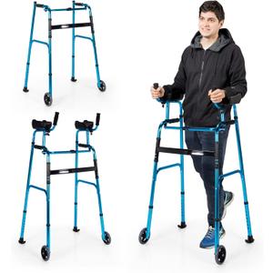Goplus Walkers for Seniors, Foldable Standard Walker with 5 Wheels and Removable Padded Armrests 440lbs, Lightweight Walking Mobility Aid, Folding Platform Walker for Elderly, Handicap, Disabled (Blue + Black)