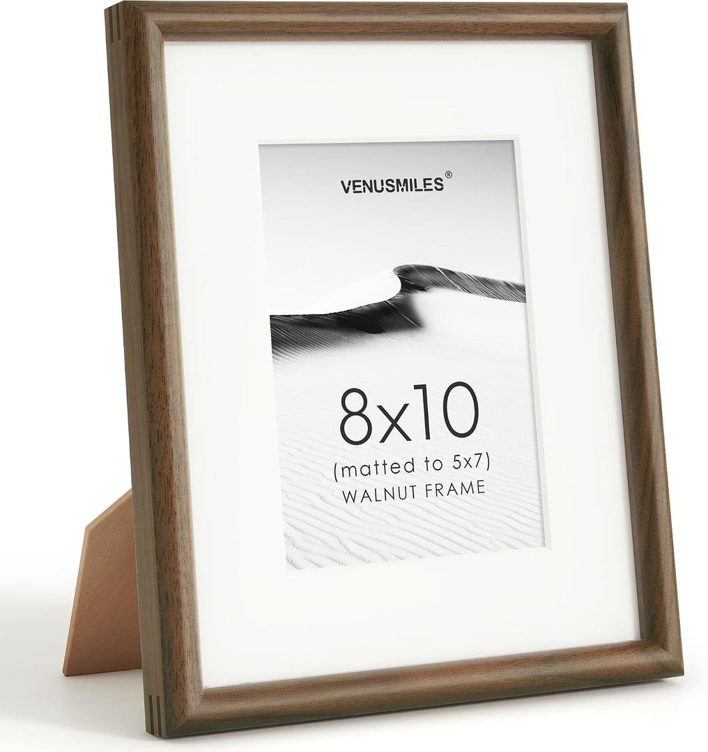 8x10 Solid Walnut Wood Picture Frame, Square Corner, Matted to 5x7, 8x10, 1p