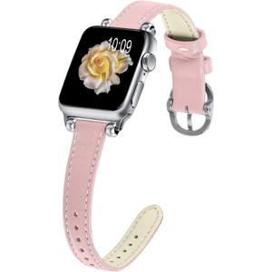 JOYOZY Slim Leather Band for Women Compatible with Apple Watch 49MM 45MM 44MM 42MM 41MM 40MM 38MM, Cute Fancy Top Genuine Leather Strap for iWatch Ultra, Series SE/9/8/7/6/5/4/3/2/1 (Pink/Silver)