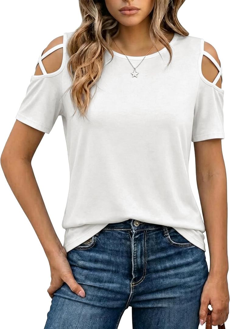 Jar of Love Women's Short Sleeve Cold Shoudler Tops T-Shirts for Women Spring Summer Tops Loose Fit Tunic 2026 (Large)