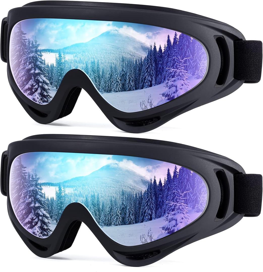 Dizywiee 2-Pack Kids Ski Goggles, Snowboard Goggles for Adult Youth Teens Boys & Girls, Winter Snow Sports Goggles (01.black Frame With Multicolor Lens  2)