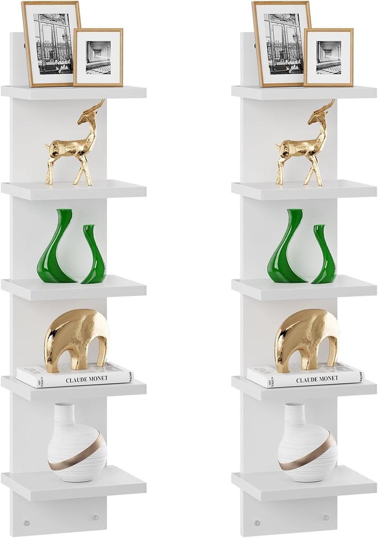 IBUYKE 5-Tier Modern Wall-Mounted Shelf, White Vertical Shelf, Floating Storage, Organizer, Tall Tower Design, Decorative Wall Mount Shelving for Home, Bedroom, Living Room, Office Decor WBC009W-2