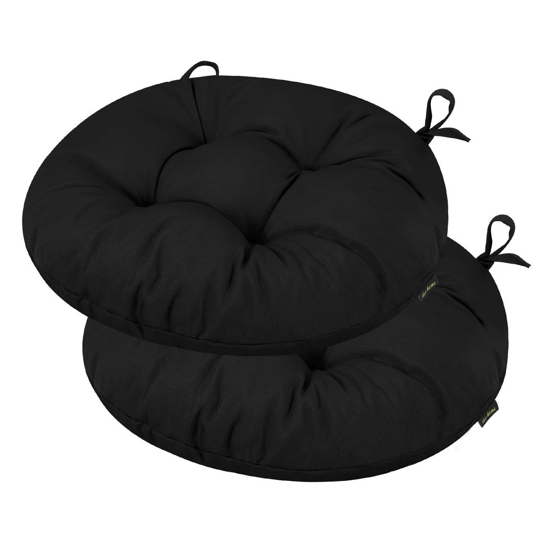 idee-home Outdoor Bistro Chair Cushions, 18”x18”x 6” Thick Outdoor Round Seat Cushions Set of 2 Tufted with Ties, Waterproof Round Patio Furniture Pads for Garden, Black