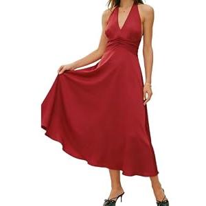 RIHOAS Women's Wedding Guest Formal Dress Sleeveless V Neck Summer Halter Backless Ruched Cocktail Maxi Dresses Evening Red M