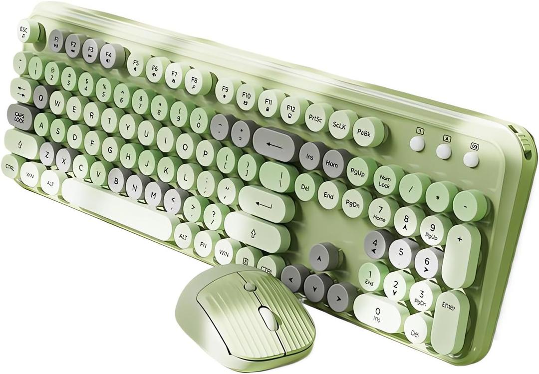 2.4G Wireless Keyboard and Mouse Combo Aesthetic Typewriter Style Membrane Silent 105-Key Full Size Colorful Retro Round Keycaps Ergonomic for Win/Mac/Office/Gaming, AA/AAA Batteries, Green