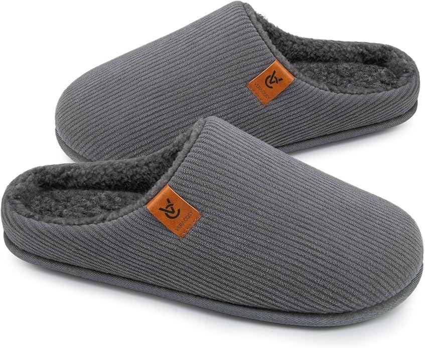 VeraCosy Men's Cozy Slip-on Slippers Corduroy Memory Foam Indoor House Shoes Size 11-12