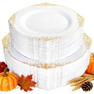 102PCS White and Gold Plastic Plates - Heavy Duty Gold Disposable Plates Include 51PCS 7.5inch Dessert Plates, 51PCS 10.25inch Dinner Plates for Christmas & Thanksgiving Parties