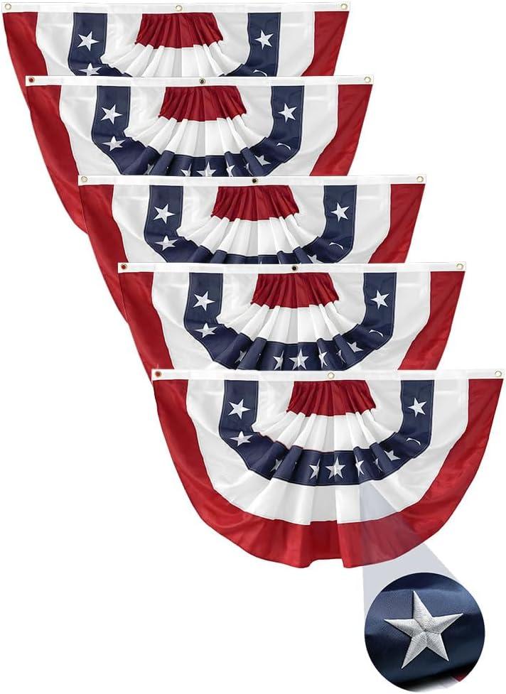 5Pack American Pleated Fan Flag 1.5x3 Ft USA Patriotic Bunting 4th of July Bunting Flags Decor Outside Porch Garden Banner Embroidered Stars & Sewn Stripes Canvas Header Brass Grommets