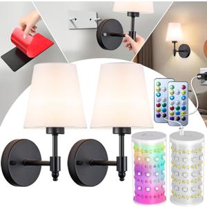 Peel and Stick Wall Sconces, Stick On Wall Sconce Set of 2, Battery Operated Wireless Wall Light, No Drill Adhesive Wall Lamp, Corn Bulb with 10000mAh Rechargeable Battery, Bedroom Wall Decor (11.8inch, Black)