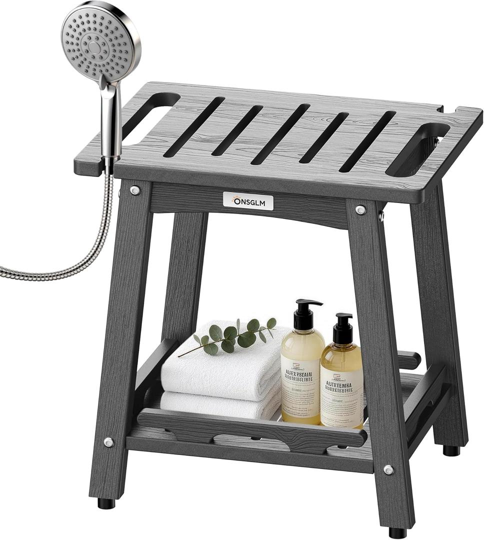 Shower Bench Seat, Non-Slip Shower Benches for Inside Shower to Sit on, HDPE Waterproof Shower Stool for Shaving Legs, Shower Chair with Adjustable Feet for Bathroom, Indoor/Outdoor Use, Grey (Medium 16.5*12.6*17.3 Inch)
