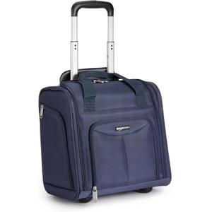 Amazon Basics Underseat Carry-On Luggage with Wheels and Handle, 14" Rolling Travel Bag, Fits Overhead Bins, Organized Compartments, Navy