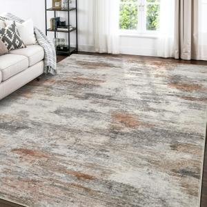 Area Rugs for Living Room: 9x12 Washable Neutral Modern Rug for Bedroom Large Soft Abstract Dining Room Rugs Indoor Floor Low Pile Carpet for Home Office Nursery - Rust Grey (9' x 12')
