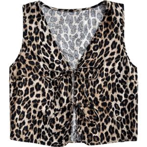 WDIRARA Women's Leopard Print Bow Tie Front Vest Sleeveless V Neck Crop Tank Top, S