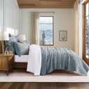 EVERGRACE Velvet Quilt Set King Size, Luxurious Soft Striped Channel Bedding Set, Lightweight Velvet Comforter for All Season, Oversized Bedspread Coverlet with 2 Matching Shams, Blue Linen