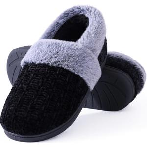Evshine Women's Fuzzy Memory Foam Slippers, Closed Back Knit Bedroom Slippers, Slip-On Warm House Shoes for Indoor & Outdoor Comfort (7-8, Black/Grey)
