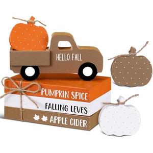 DoubleFill 7 Pcs Thanksgiving Fall Table Decor Farmhouse Wooden Fall Signs with Book Stack 3D Truck and Pumpkins for Tiered Tray Autumn Wooden Table Centerpiece for Harvest Mantle Home Bookshelf Gift