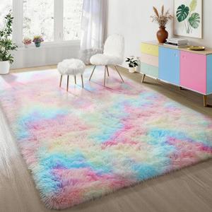 Ophanie Rainbow Rug for Bedroom Girls, Unicorn Colorful Fluffy Soft Cute Fuzzy Area Rugs, Shag Plush Shaggy Bedside Floor 4x6 Furry Carpet for Kids Baby Teen Dorm Nursery Home Decor Aesthetic