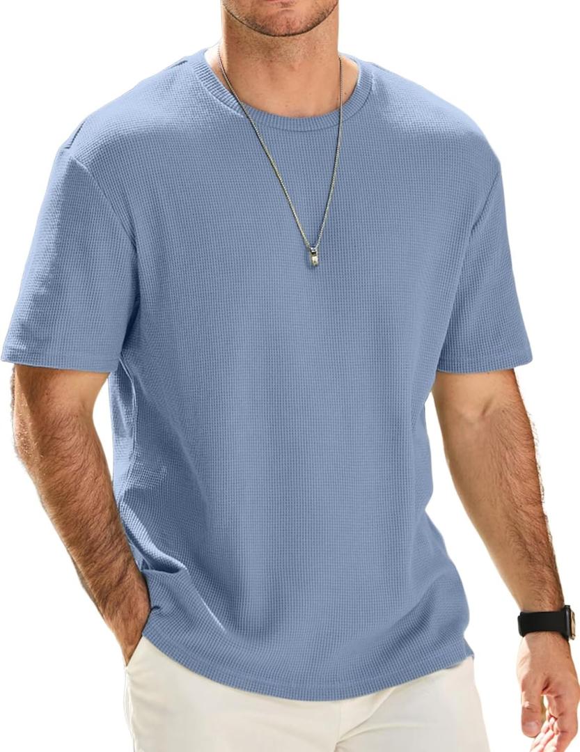 Men's Casual T-Shirts Lightweight Crewneck Solid Color Short Sleeve Waffle Pullover Tees (Blue, XL)
