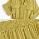 Mingzhu Women's 2 Piece Linen Outfits Short Sleeve Zipper Drawstring Waist Safari Shirts Wide Leg Pants With Pockets (Yellow), XL