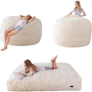 MAXYOYO Giant Bean Bag Chair Bed for Adults, Convertible Beanbag Folds from Lazy Chair to Floor Mattress Bed, Large Floor Sofa Couch, Big Sofa Bed, High-Density Foam Filling, Machine Washable (Full, Beige)