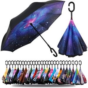 SIEPASA 49/56 Inch Inverted Reverse Upside Down Umbrella, Extra Large Double Canopy Vented Windproof Waterproof Stick Golf Umbrellas with C-shape Handle. (49 Inch, A-the Galaxy)