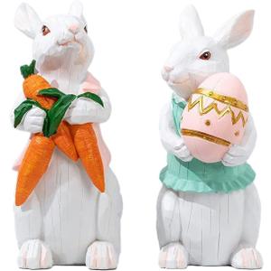 PEACELOVER Easter Bunny Figurines Hand Painted, Resin Bunny Statues Weather Resistant, 4.72 Rabbit Statue Decor Tabletop Ornament Set of 2 with Carrots and Eggs(White Set)