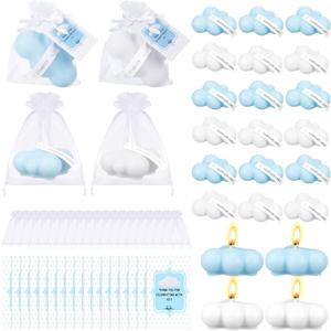 Treela 24 Sets Cloud Baby Shower Party Favors for Guests Small Tealight Candles Thank You Tags Return Gifts for Baby Shower Cloud 9 Theme Party Favor Decorations(Classic,Blue and White)