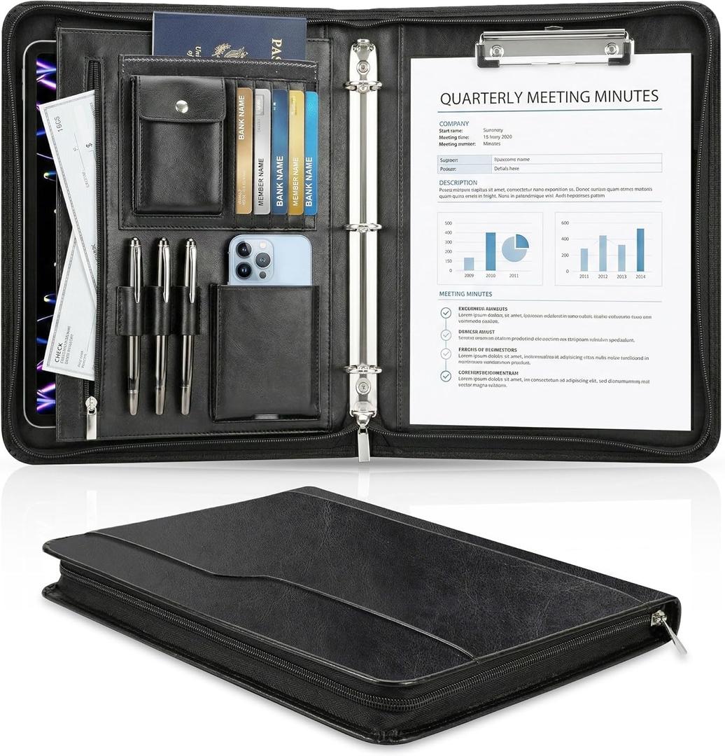 Toplive Zippered Business Padfolio with 3-Ring Binder & Clipboard, PU Leather, Cover Pocket, Document/iPad/Phone/Pen/Earphones/Passport/Card Organizer, Office Gifts for Men & Women, Black