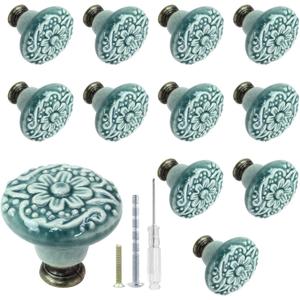Biaungdo 12 Pcs Green Ceramic Kitchen Cabinet Knobs & Pulls, Retro Vintage Round Drawer Knobs, Decorative Closet Door Handles