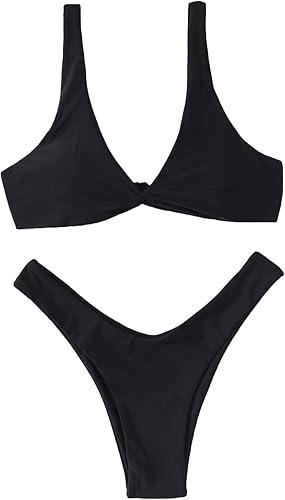 Verdusa Women's Twist Front Bikini Set High Cut Thong Tied Back Two Piece Swimsuit Large