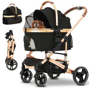 Pet Stroller 3 in 1 Folding Lightweight Dog Stroller with Detachable Carrier & Storage Basket, Premium 4 Wheels Travel for Puppies, Doggies, Kitties (Black)